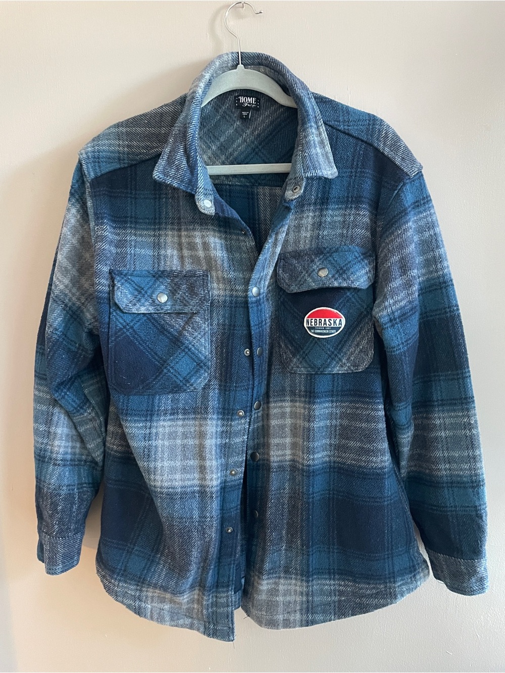 Men's Blue Plaid Flannel Shirt - Nebraska Patch
